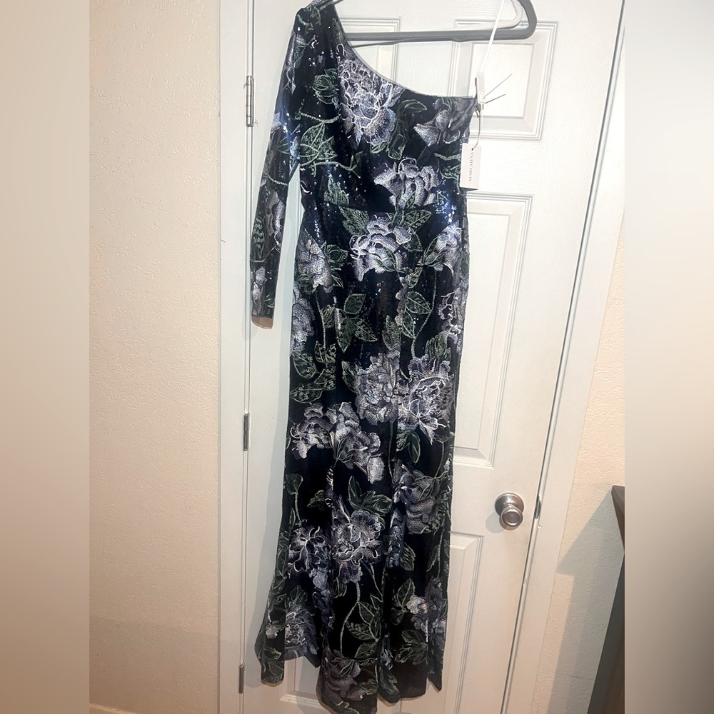 Floral-Embroidered One-Shoulder Gown